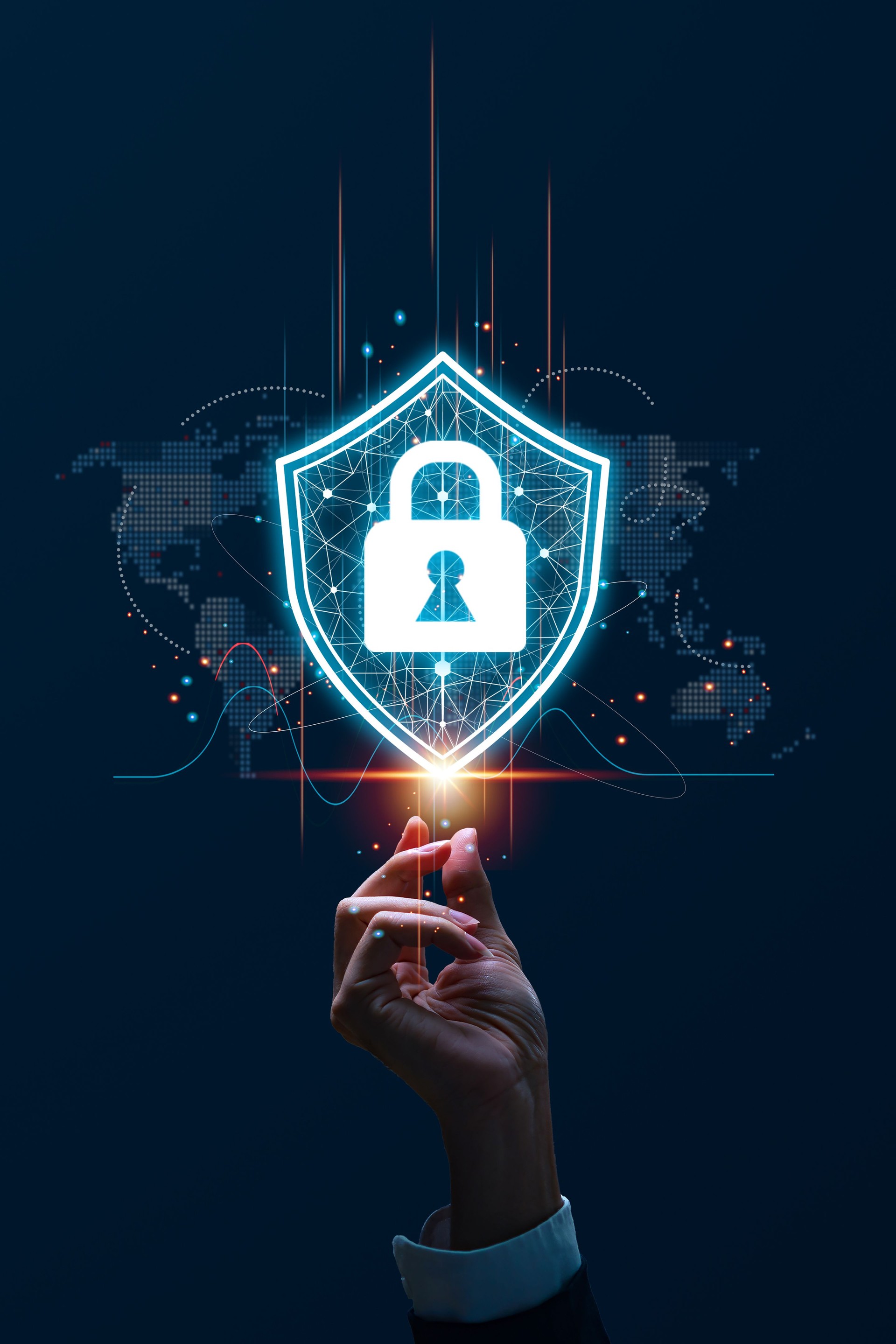 Cyber security concept, information security and encryption, secure access to user's personal information, secure Internet access, cybersecurity. Developing network security system.